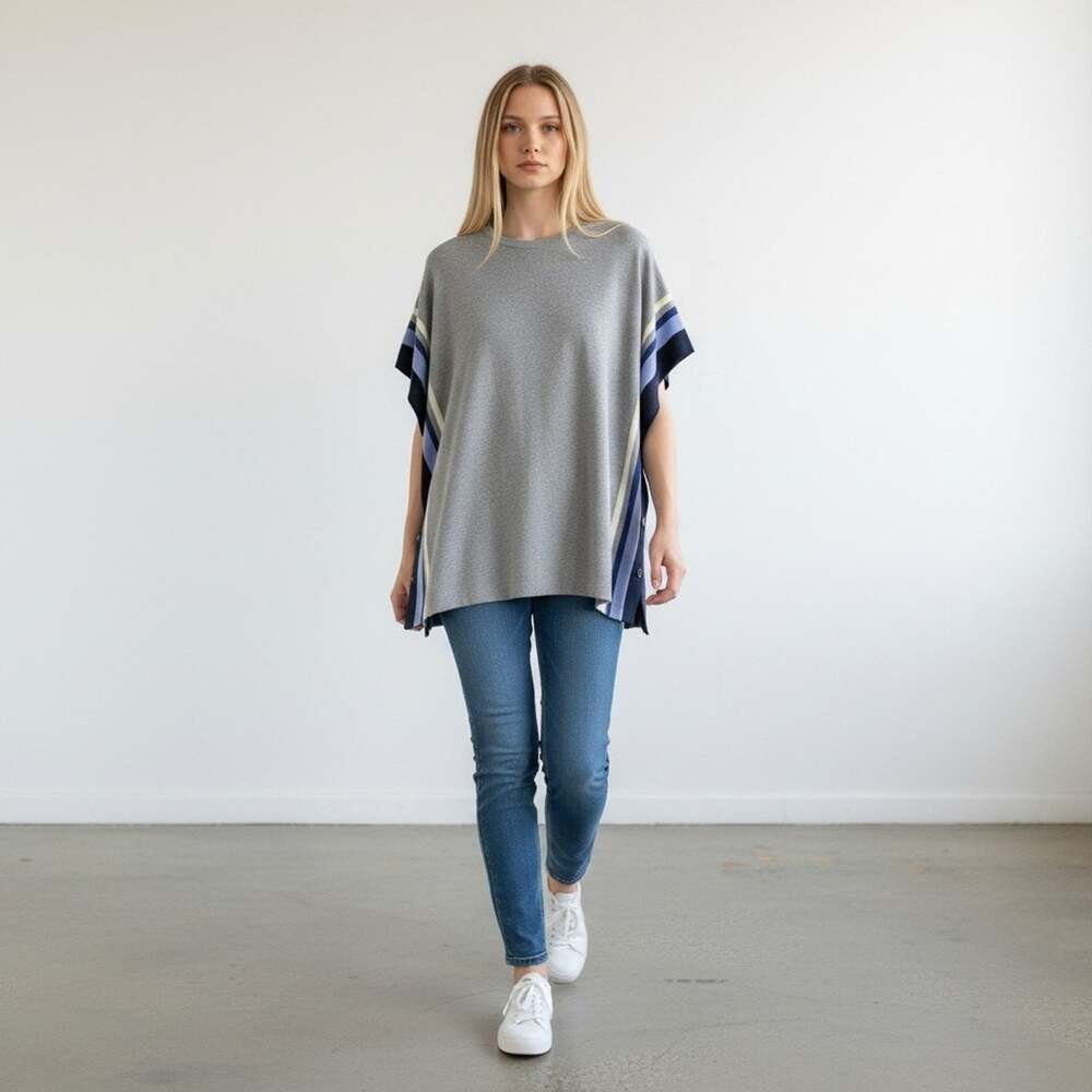Talbots Women's Grey Colorblock Button Up Details Poncho Size S/M